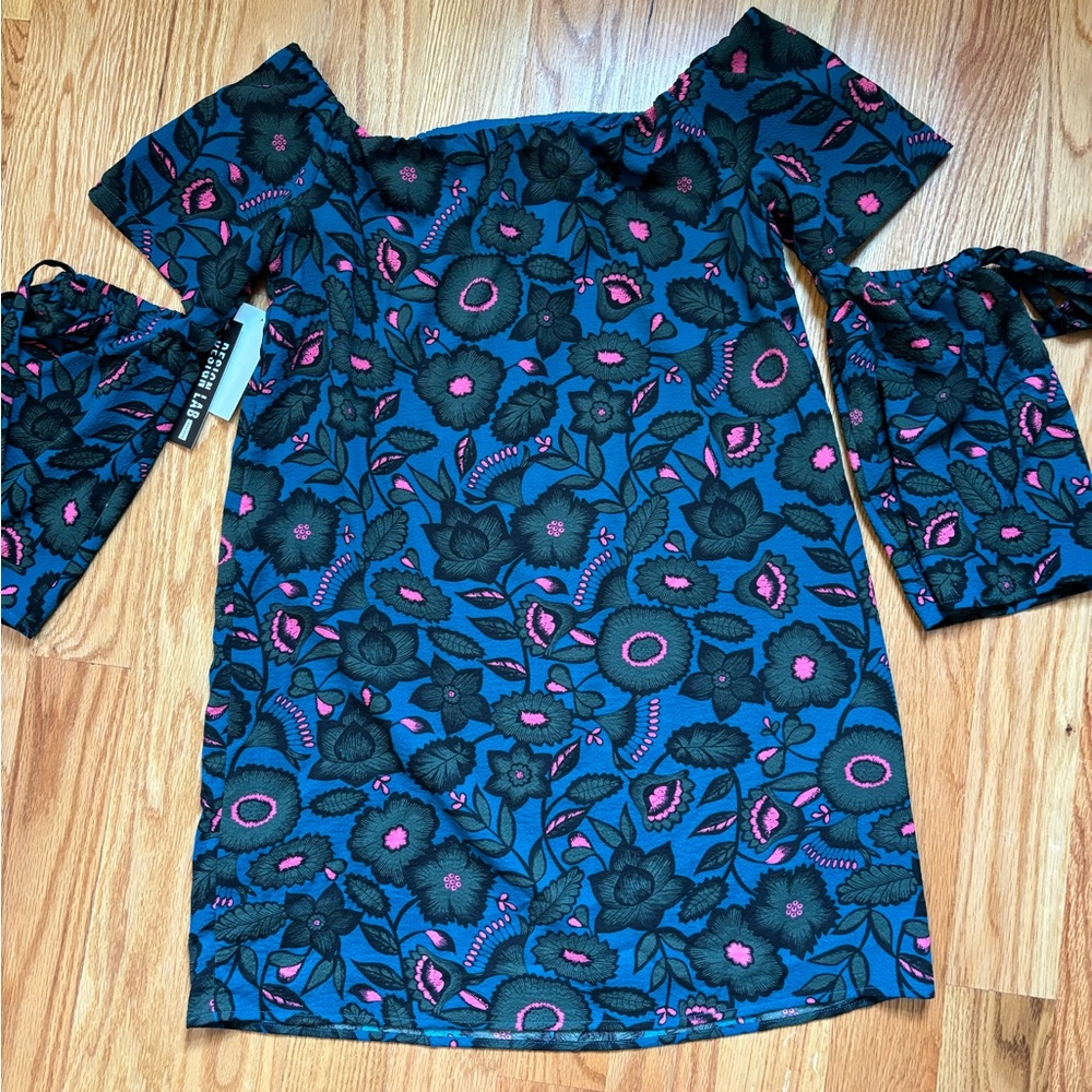 Design Lab Mini Dress Cold Shoulder with Ties blue black pink Size Medium lined
